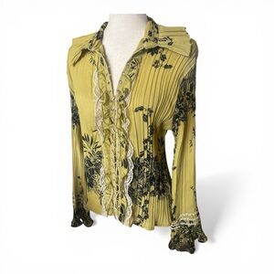 Y2K Pleated Lace-Front Floral Blouse - Yellow Green size L